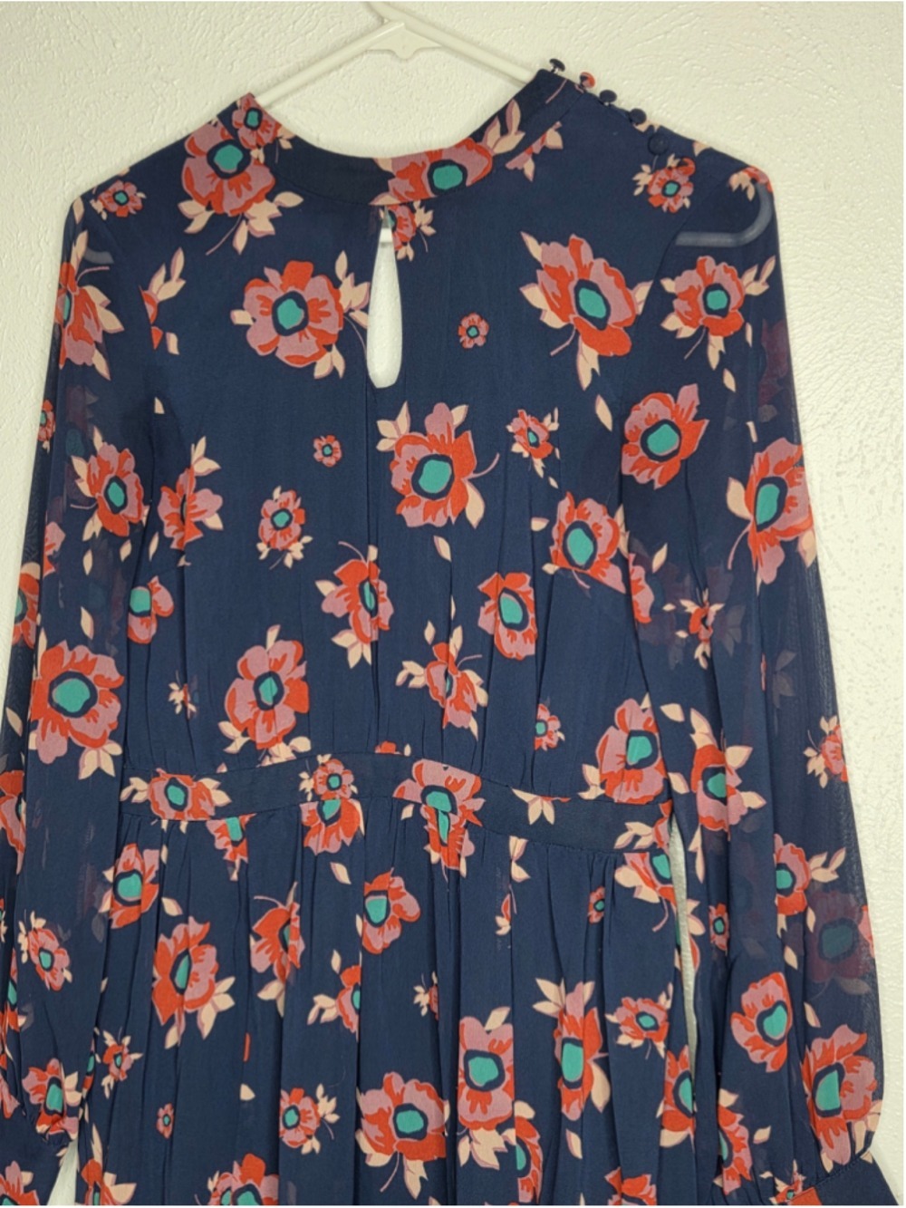 ModCloth Vintage Style Navy Floral Chiffon Long- Sleeve Midi Dress Size Medium - Picture 3 of 14